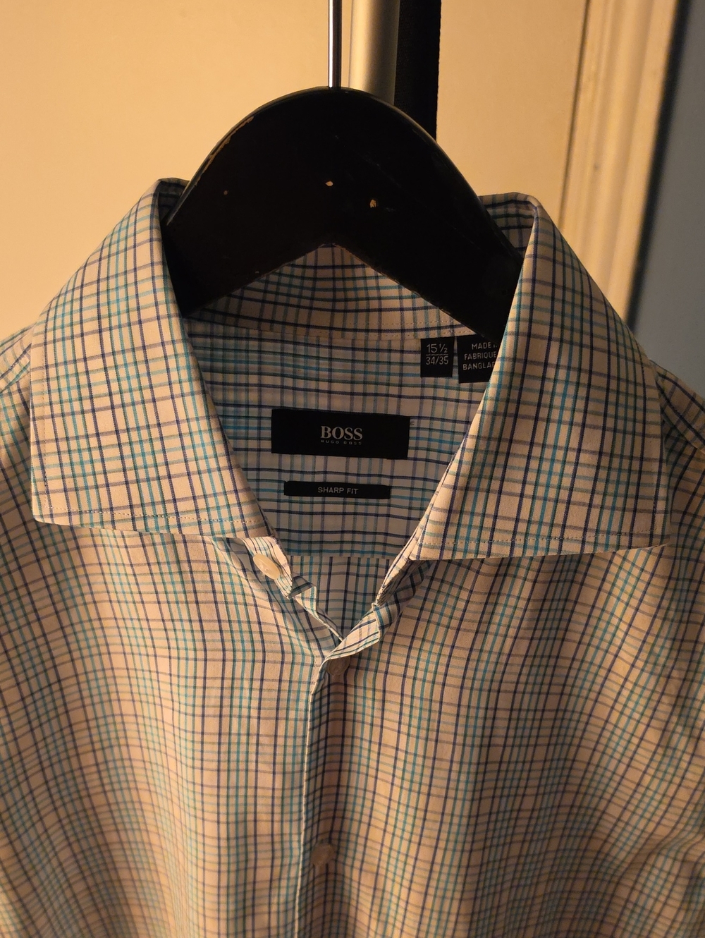 BOSS White Dress Shirt with Blue and Green Check